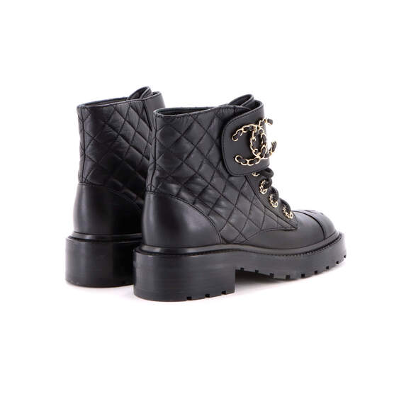 Chanel Women's Chain CC Cap Toe Lace Up Combat Boots Quilted Leather - Picture 3 of 5